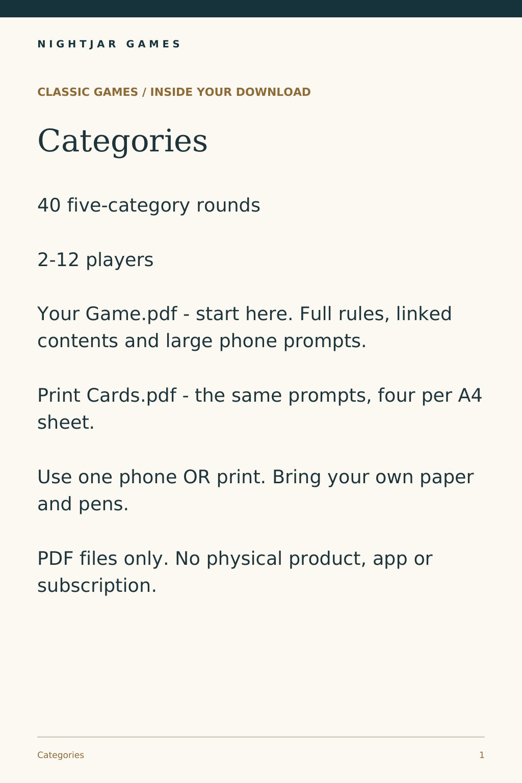 Nightjar Games categories — contents