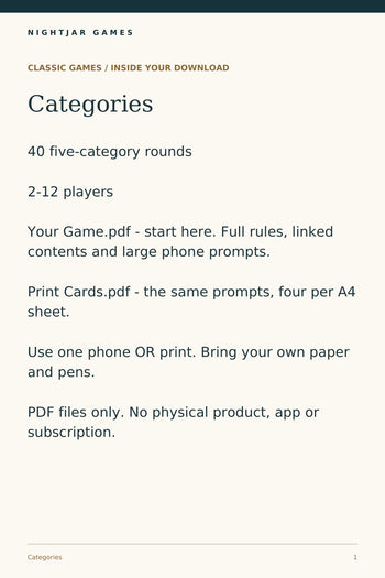 Nightjar Games categories — contents