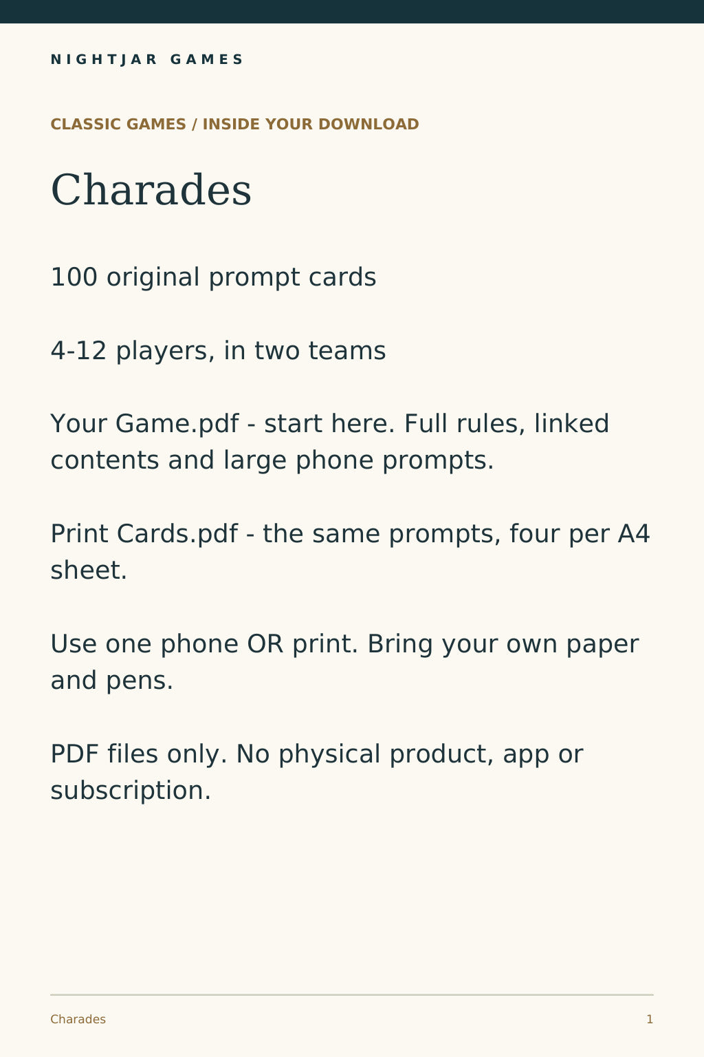 Nightjar Games charades — contents